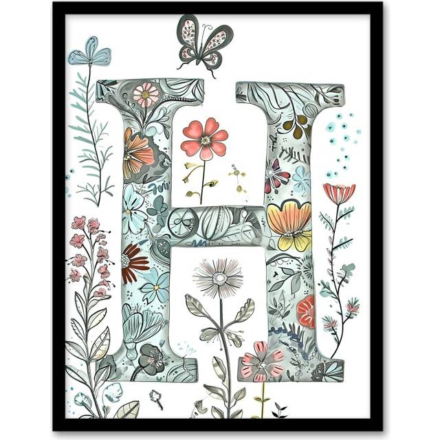 Womens Wall Art Print Letter H Wildflower Garden Watercolour Butterfly Floral Word Art Framed - Multi - A4