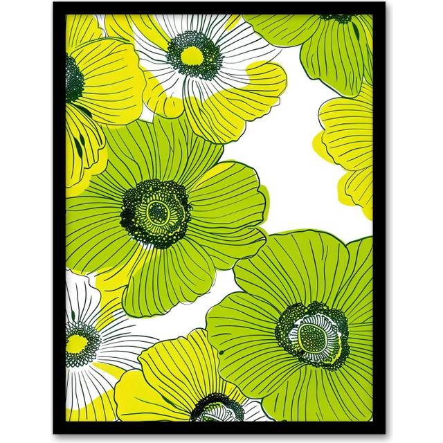 Wall Art Print Lime Green Anemone Flowers Floral Pattern Design Art Framed Poster - Black - A4