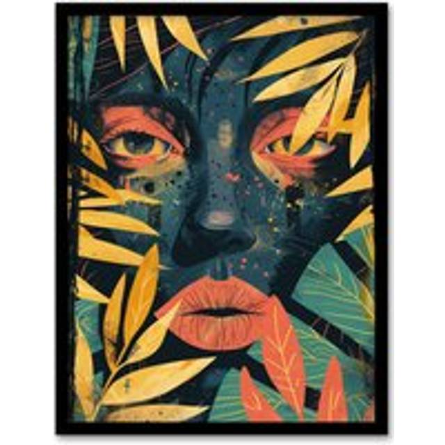 Wall Art Print Woman Face Behind Jungle Plant Leaves Portrait Art Framed Poster - Black - A4