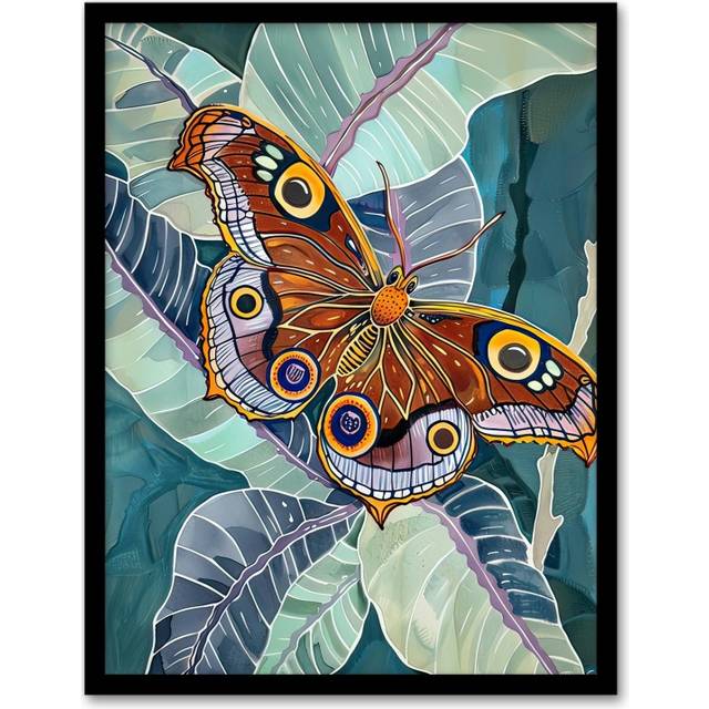 Butterfly on Palm Leaf Painting Tropical Exotic Framed Art Print - Blue - A4