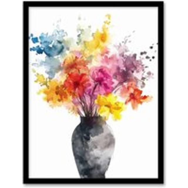 Wall Art Print Flower Bouquet in Vase Abstract Watercolour Art Framed Poster - Black - A4