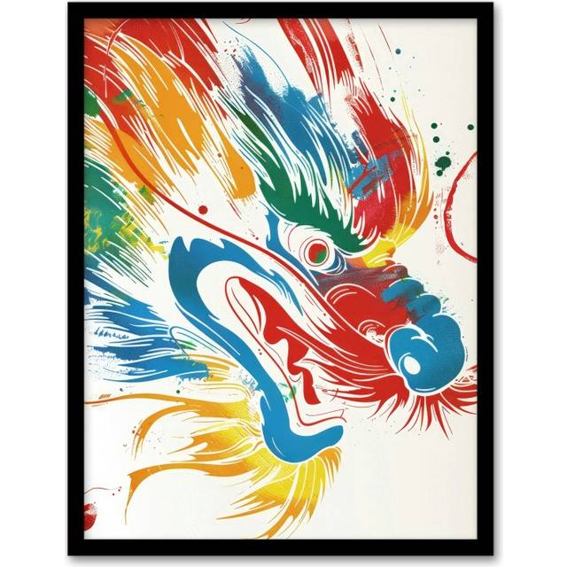 Wall Art Print Colourful Chinese Dragon Head Bright Painting Art Framed Poster - Black - A4