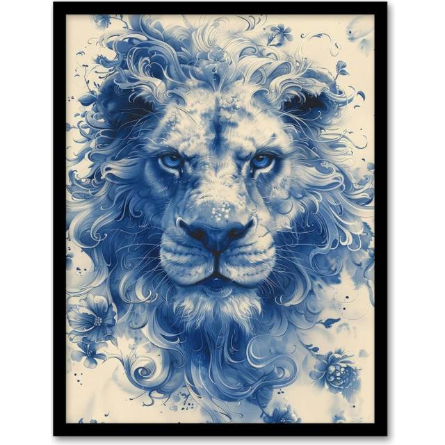 Wall Art Print Chinese Porcelain Lion Blue Flowers Watercolour Art Framed Poster - Black - A4