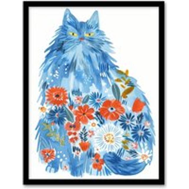 Cat Lover Folk Art Blue Maine Coon with Flowers Framed Wall Art - A4