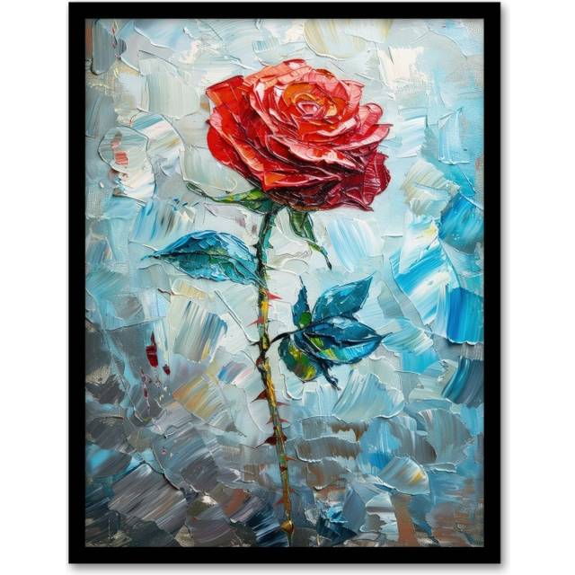 Wall Art Print Single Red Rose Oil Painting Romance Artistic Art Framed Poster - Black - A4