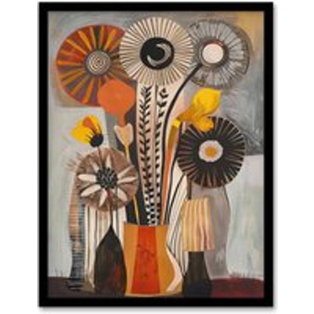 Abstract Folk Art Autumn Flower Bouquet in Vase Framed Art Print - Grey - A4