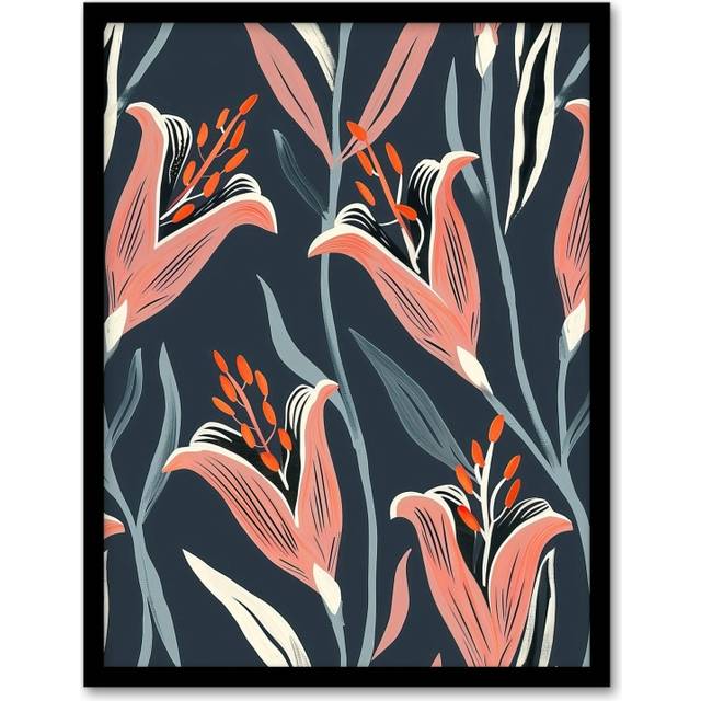Pink Lily Flower Pattern Stylised Floral Design Framed Art Print - A4