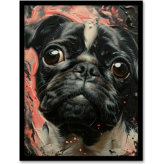 Wall Art Print Pug Portrait Oil Painting Artistic Dog Lover Art Framed Poster - Black - A4