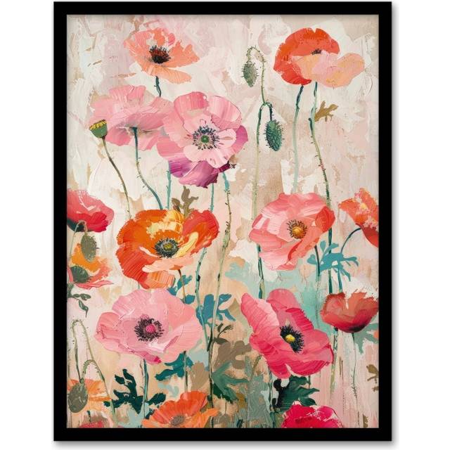 Wall Art Print Poppy Flowers Orange Pink Red Floral Oil Painting Art Framed Poster - Black - A4