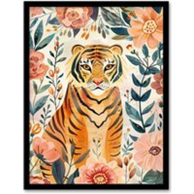 Tiger with Exotic Pink Flowers Floral Watercolour Framed Wall Art - A4