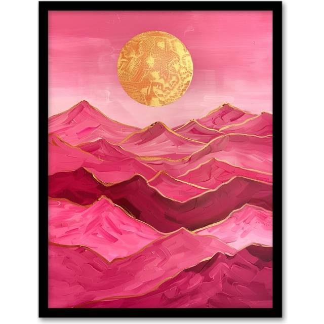 Hot Pink Gold Sun Mountains Sunset Landscape Framed Art Print - A4