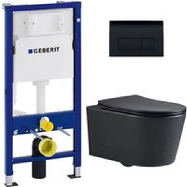 Toilet set Frame + sat Rimless Matt Black bowl + Soft-Close Seat + Matt Black Flush Plate (BLSATGEB10) - Geberit