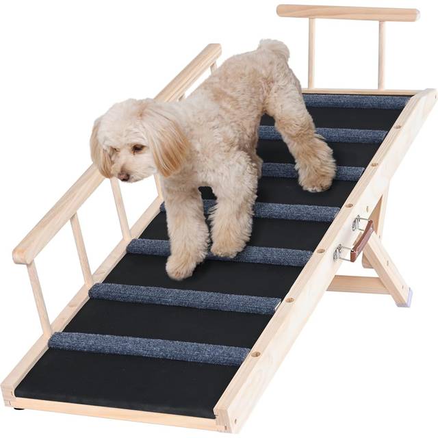 VEVOR Hunderampe 1,2m lang Hundetreppe mit 7 Querstangen Hundeautorampe aus Kiefernholz Gummi Hundeeinstiegshilfe 6-stufige H&#xF6;heneinstellungen Tierrampe ca. 113kg Tragf&#xE4;higkeit f&#xFC;r gro&#xDF;e kleine Hunde