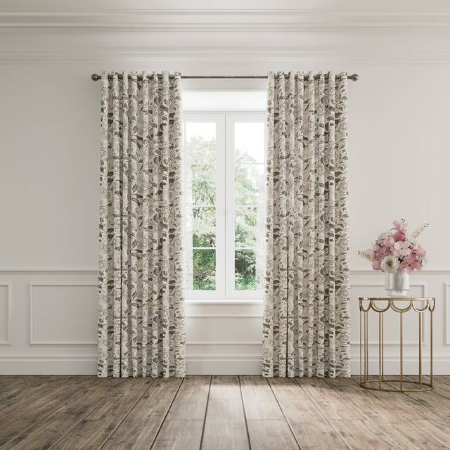 V&A Ornamental Bloom Lined Curtains 66" x 72", Linen & Grey