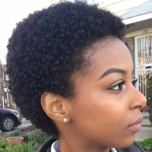 SHEIN 4inch Short Afro Curly Human Hair Wigs For Women Short Hairstyles Pixie Cut Wigs With Thin Hair Wigs