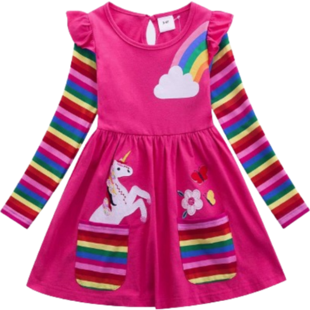 Ung Tjejer Rosa Enhörning Broderad Klänningar - Skrikrosa (6Y,7Y,8Y,9Y,10Y,3Y,4Y,5Y)