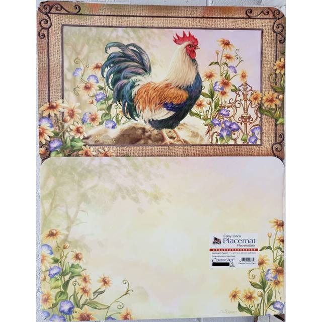 Counterart Country Charm Rooster 4 Pack Reversible Easy Care Flexible Plastic Placemats Made in the USA BPA Free PVC Free Easily Wipes Clean