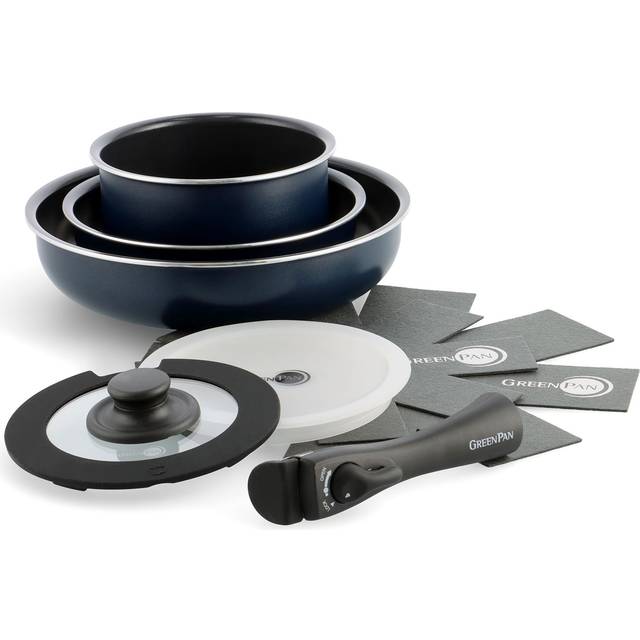 GREENPAN pot and frying pan set with removable IH dishwasher no harmful PFAS ceramic coating easy to remove Oxford Blue 8-piece handles, gas, safe, oxford blue