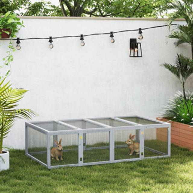 PawHut Wooden Rabbit Hutch Cage House w/ Wire Mesh, Grey, Grey