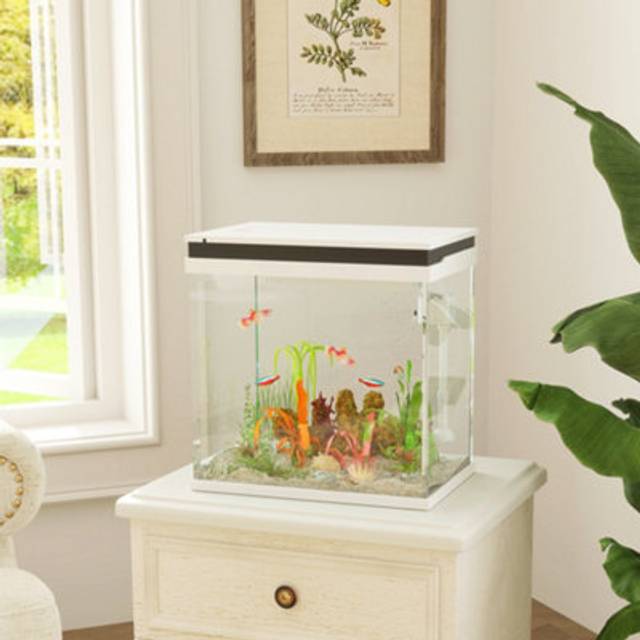 PawHut 26L Small Fish Tank w/ Filter System, LED Lights, Water Pump, White, White