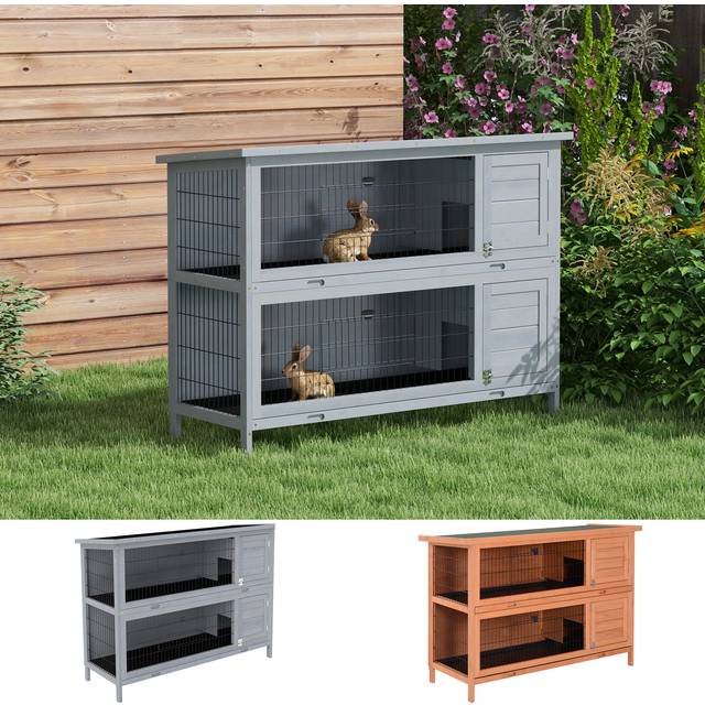 PawHut Rabbit Hutch Outdoor Guinea Pig Hutch Bunny Cage with No-Leak Trays, Divider, 136 x 50 x 93cm, Grey