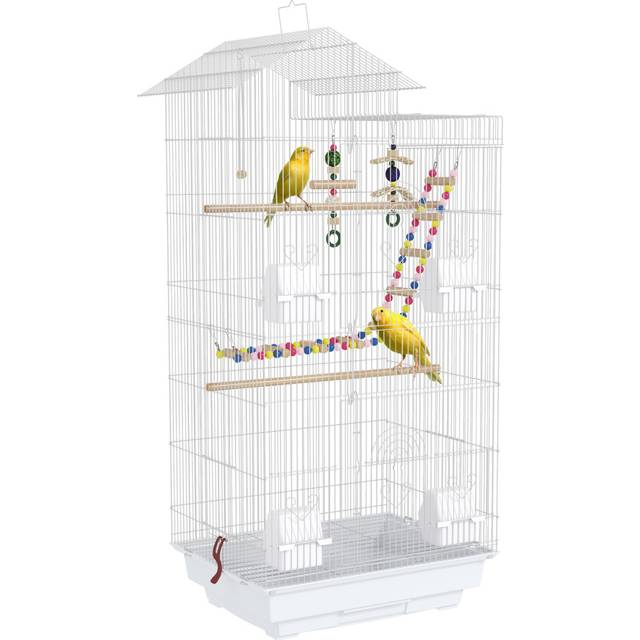 Pawhut Bird Cage For Budgies, Finches, Canaries W/ Accessories, Toys, Tray, White