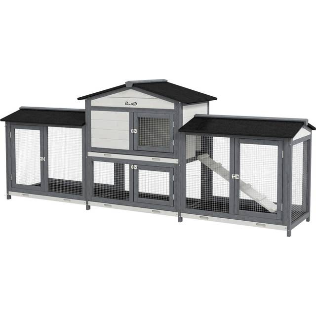 PawHut 2 Tier Light Grey Small Animal Pet Hutch with 2 Run - 30 x 81 x 94cm