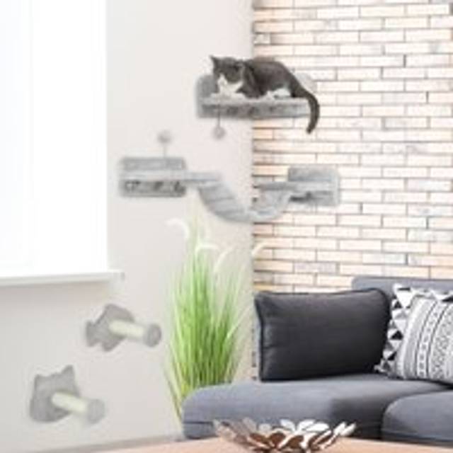 Pawhut 4pcs Cat Wall Shelves With Steps, Ladder, Jumping Platforms, Light Grey
