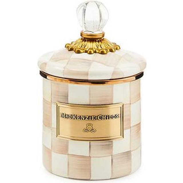 MACKENZIE-CHILDS Demi Enamel Canister  Kitchen Storage Container with Lid  Brown-and-White Mocha Check