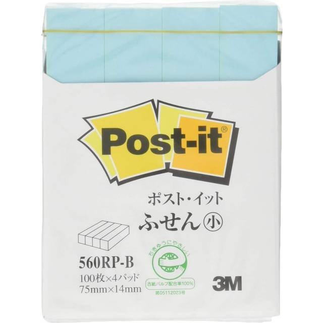 3M Notes Recycled Paper Standard Series 75 x 14mm 100 Sheets Blue 4 Books 2 Pack Post-It 560RP-B-2P blue