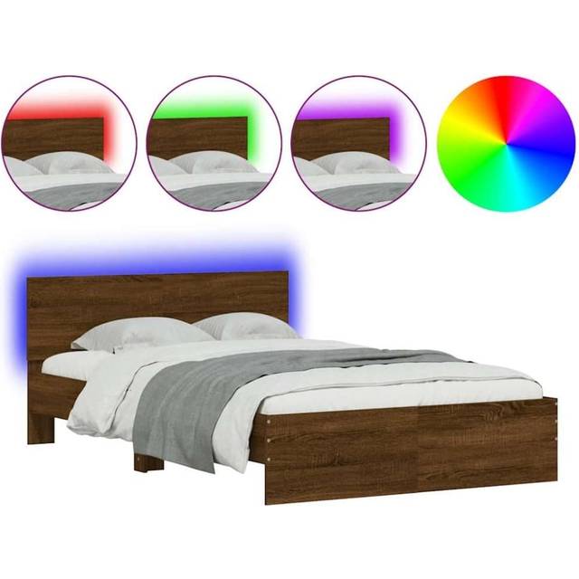 vidaXL Bed Frame with Headboard and LED Brown Oak 135x190 cm Double