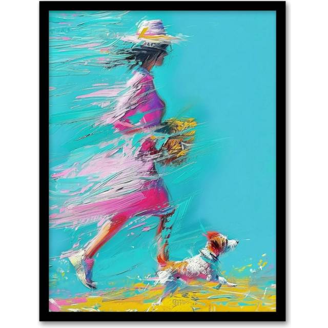 Wall Art Print Woman and Pet Windy Walk Dog Lover Abstract Art Framed Poster - Black - A4