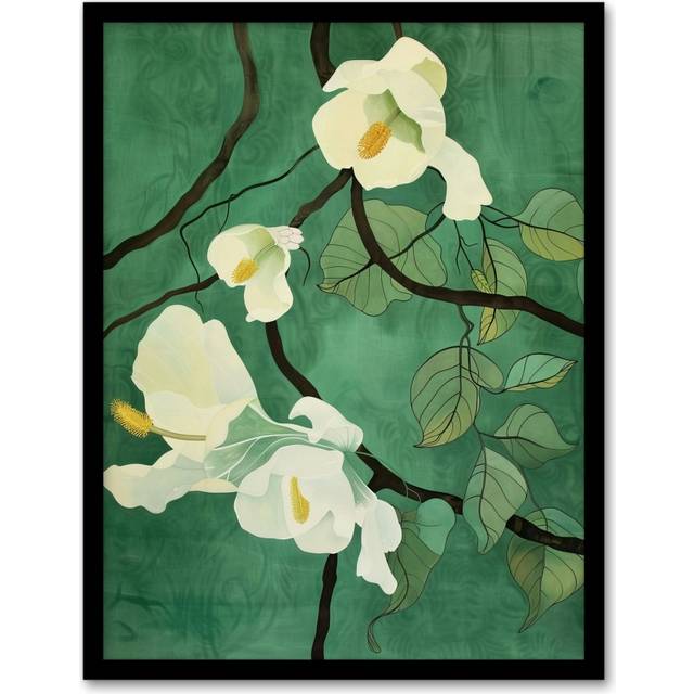 Japanese White Cherry Tree Flower Green Design Framed Art Print - A4
