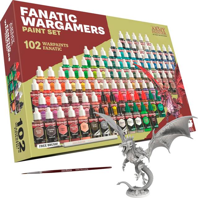 The Army Painter, Warpaints Fanatic Wargamers Paint Set, 102 x 18 ml Akrylfärger, inkl. Metallicfärger, Washes, Effekter, 1 pensel & 1 miniatyr - Miniatyrfärgset för D&D & Warhammer-miinatyrer