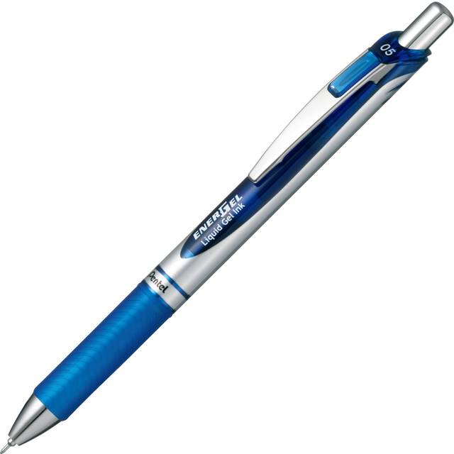 Pentel Energel Knock Ballpoint Pen  0.5mm Needle Tip  Blue Ink  Silver Body with Blue Accent (BLN75Z-C)