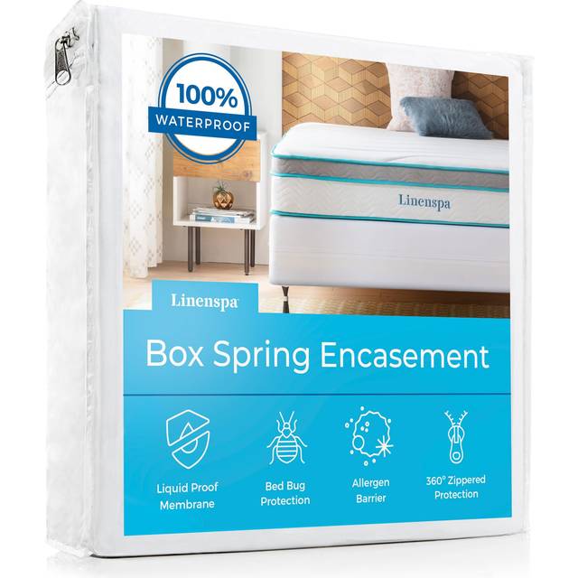 Linenspa Waterproof Box Spring Encasement - Blocks Out Liquid  Waterproof Box Spring Protector - Dorm Room Essentials - Twin XL  White