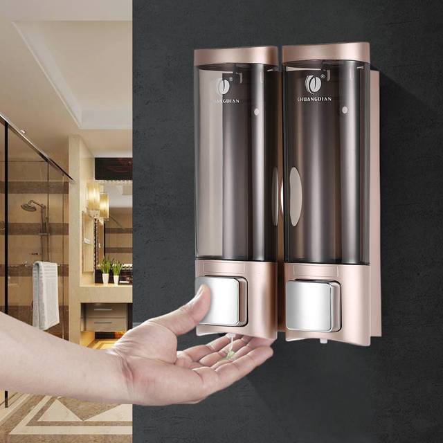 Manual Hand Soap Dispenser Wall Mount Double Liquid Shampoo Shower Gel Dispenser for Hotel 200mlx2 gold/champagne