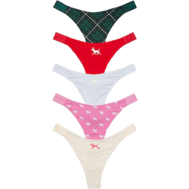 Victorias Secret PINK Red/Pink/Nude/White/Green Thong Logo 5 Pack Knickers - red/pink/nude/white/green - M