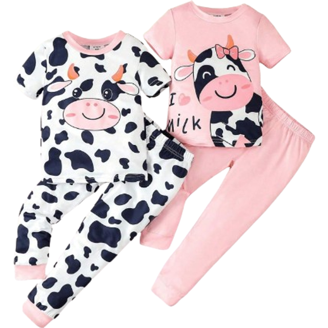 SHEIN Young Girl Simple Cow Print Short-Sleeve Tight Top And Long Pants Pajama Set, 2pcs