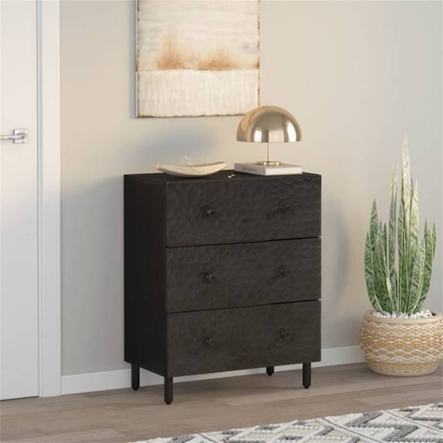 Sideboard With 3 Drawers, Solid Wood Mango - Black (75cm H X 60cm W X 33cm D)