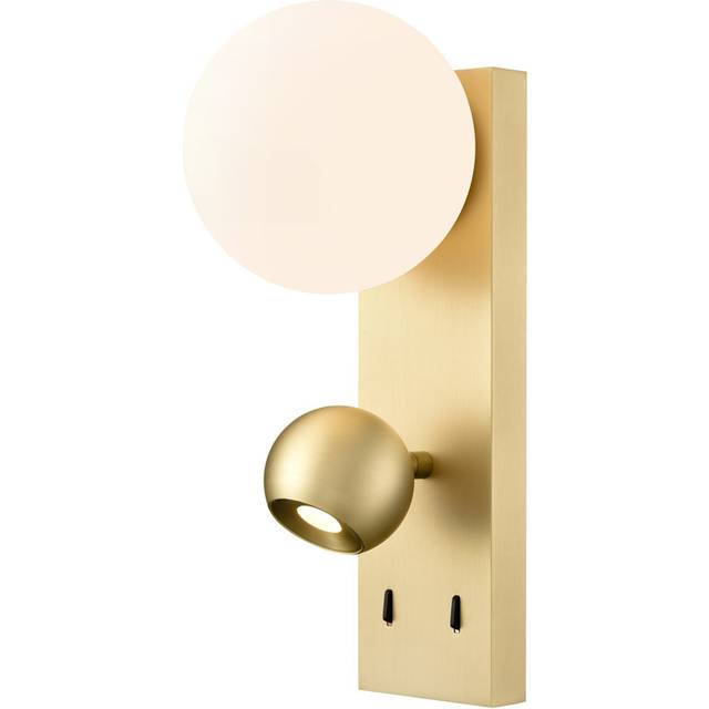 Wall Light with Opal glass sphere - Satin Brass (31cm H X 13cm W X 6cm D)