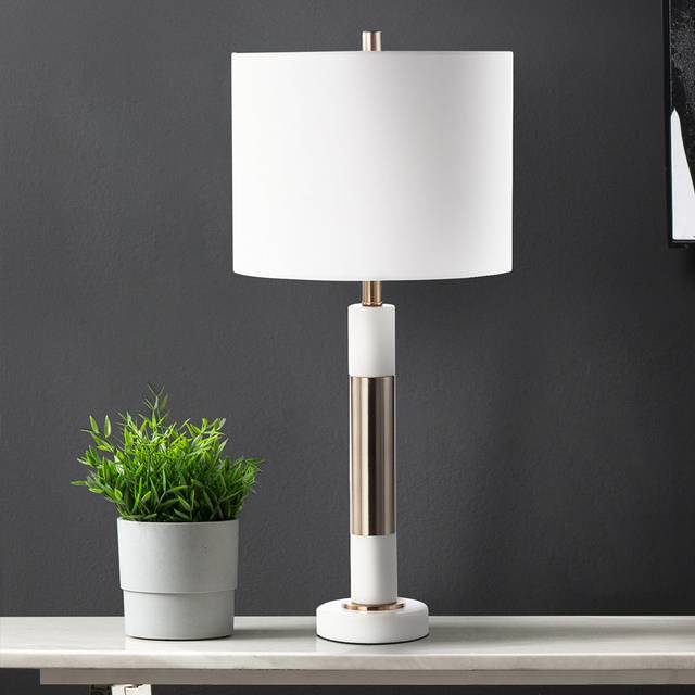Canora Grey Ayrihanna 70cm Marble Table Lamp with Ceramic Base for Bedroom Furniture, Bedside Buffet Lamp with Linen Shade White 70cm H X 36cm W X 36cm D