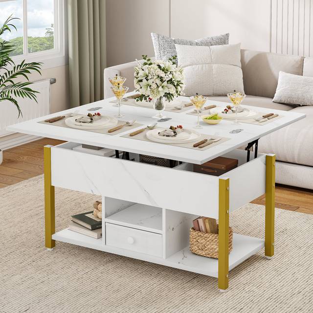 Afeez Lift Top Coffee Table with Storage，Extendable Coffee Table Centre Table for Living Room - Gold (61.7cm H X 80.1cm W X 47.8cm D)