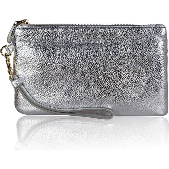 befen Women Genuine Leather Evening Wristlet Chic Designer Clutch Wallet Smartphone Wristlet Purse - Metallic Silver