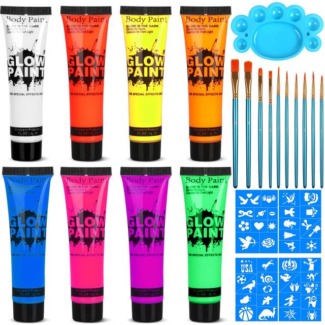 UV Blacklight Neon Face and Body Paint  8 Tubes 084oz Glow in the Dark Body Paints  Neon Fluorescent Glow in Dark Party Supplie