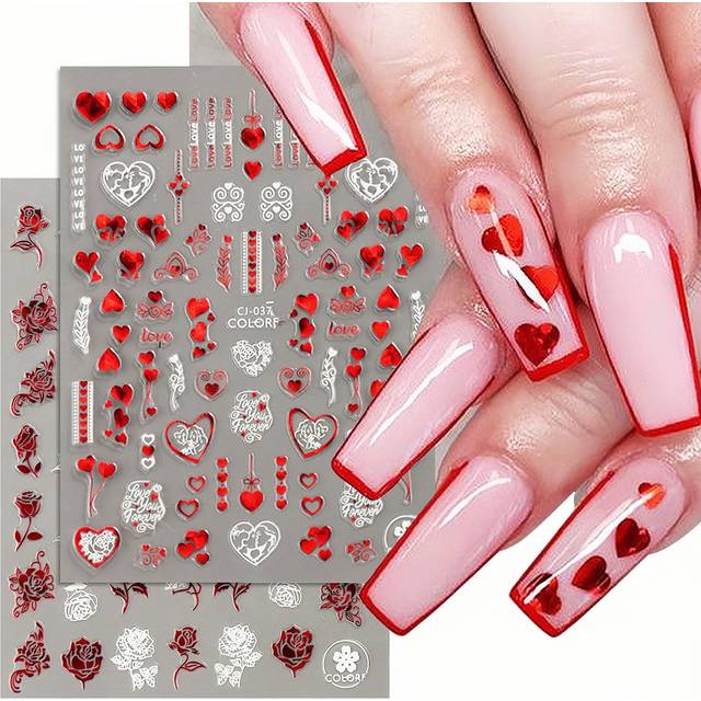 HIFANMM Valentines Day Nail Art Stickers  8 Sheets Red White 3D Self-Adhesive Laser Love Heart Roses Lips Decals for Women Girls