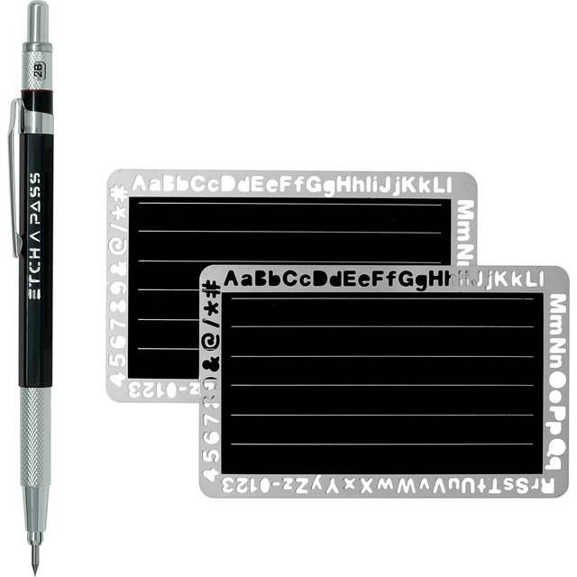 Etch A Pass - Engraving Kit for Secure Password Backup - Stainless Steel Cards with Integrated Letter Stencils and Tungsten Tipped Pen for Master Pass