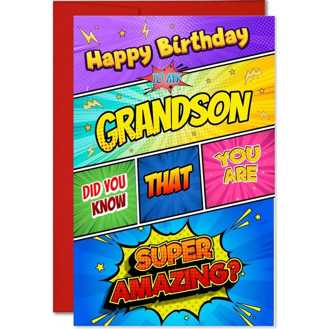 MegaCalendars Happy Birthday Card with Self-Adhesive Envelope for Grandson  Cute Custom Party Designs  Premium 320 GSM Cardstock  Made in USA - Superh