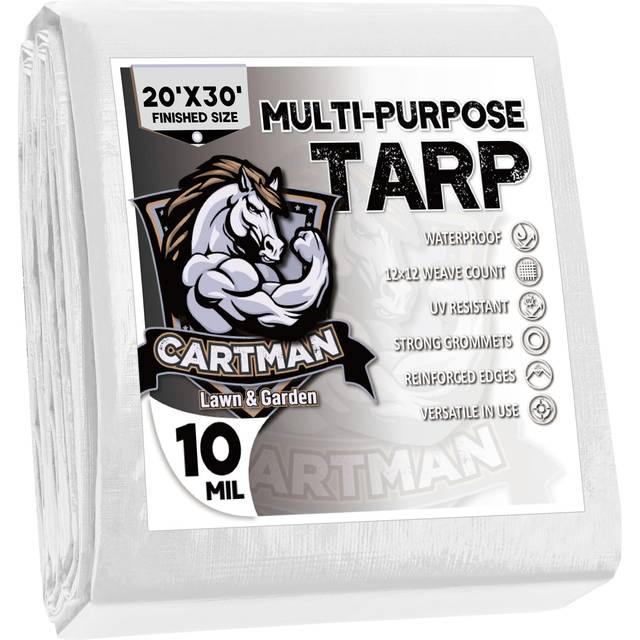 CARTMAN Finished Size 20x30 Feet 10 Mil White Heavy Duty Poly Tarp  Multipurpose Protective Cover  UV Resistant  Waterproof Poly Tarpaulin with Reinfo