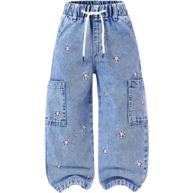SHEIN Young Girl Casual Elastic Waist Adjustable Waistband Floral Embroidered Multi-Pocket Loose Comfortable Blue Denim Straight Leg Pants